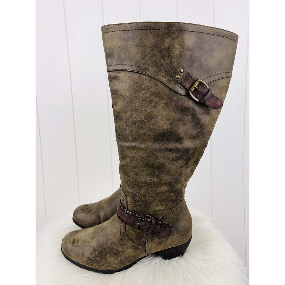 It's OK Tempest Distressed Brown Vegan Leather Tall Riding Boots Wide Calf 8.5W